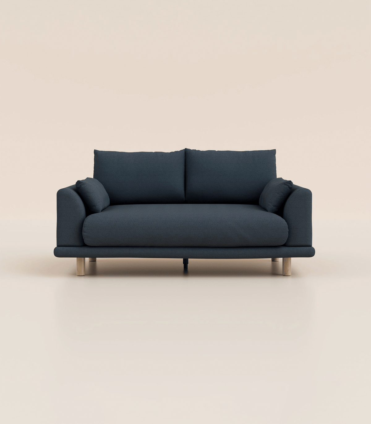 Canapé Bleu Profond-2 places-Pieds ronds - Bois clair