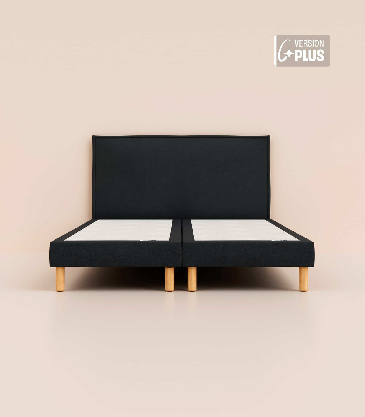 Lit tapissier Noir-Bibloc-Pieds Hêtre clair-Plus