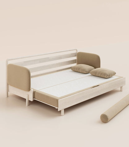 Canapé-lit Tissu Beige-Bois clair-Accoudoirs en tissu