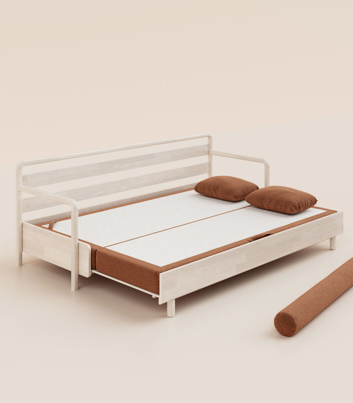 Canapé-lit Tissu Terracotta-Bois clair-Accoudoirs en bois