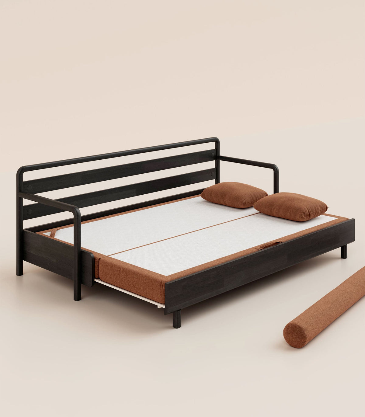 Canapé-lit Tissu Terracotta-Bois noir-Accoudoirs en bois