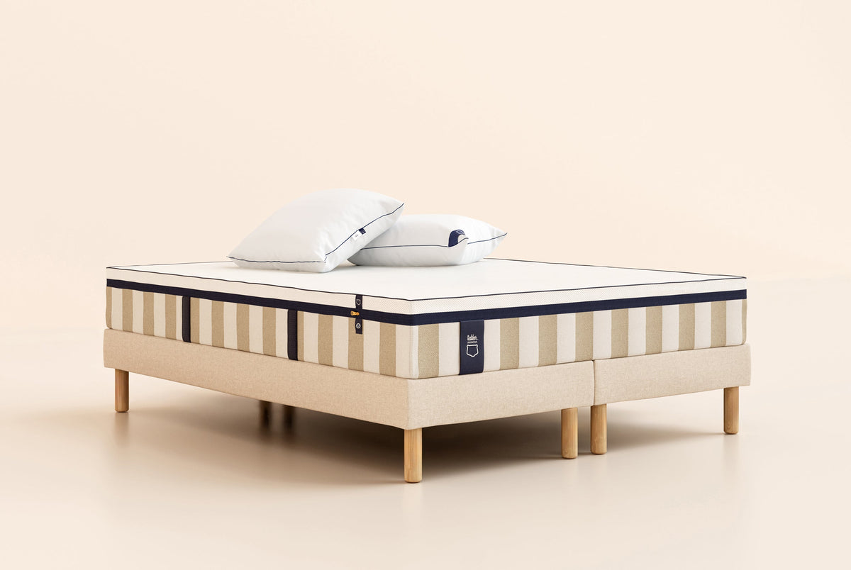 #fr#Matelas Hybride Air+|Hybride Air+|Sommier tapissier|Beige|Bibloc|Pieds Hêtre clair|Standard